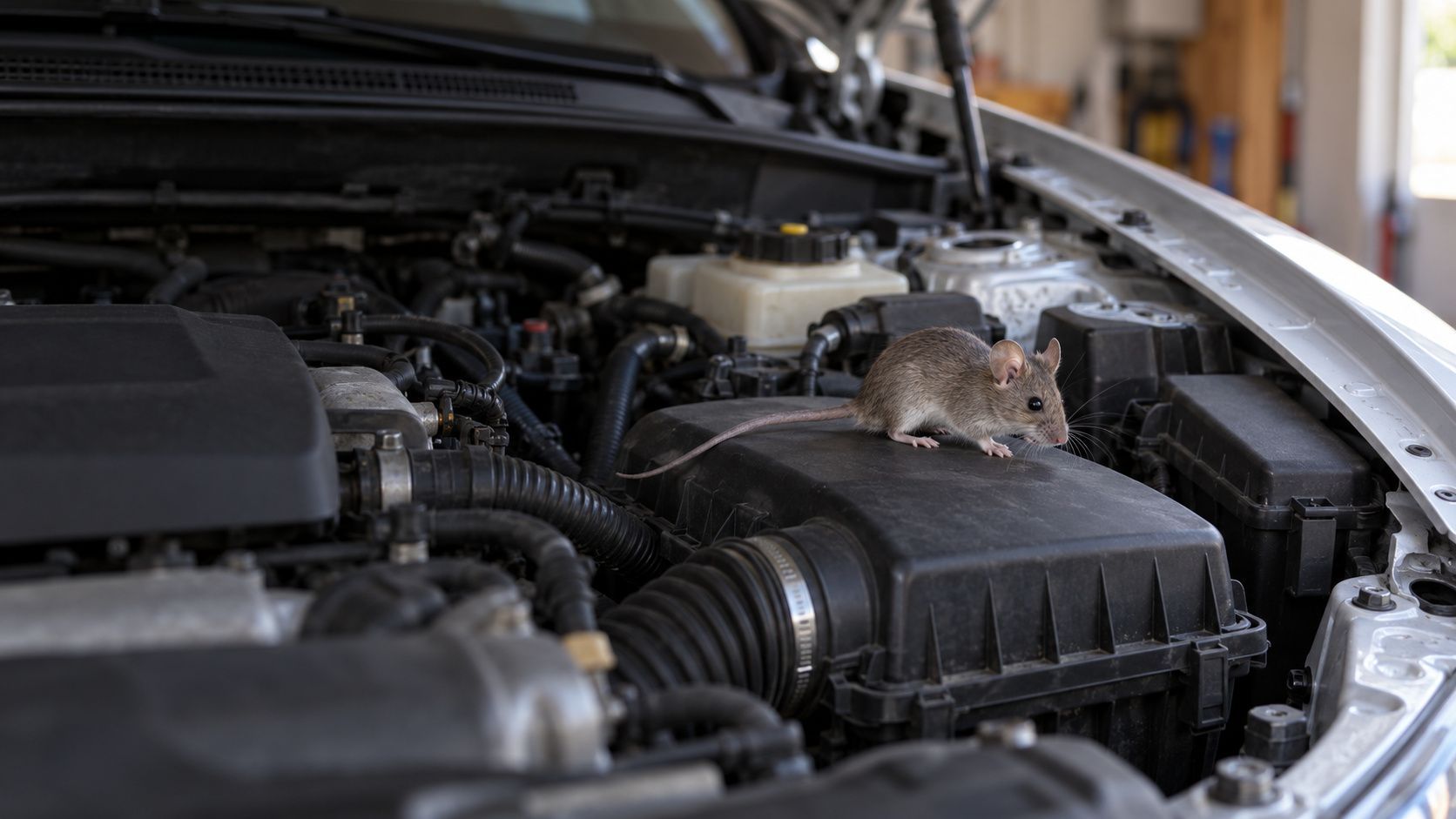 Rat standing on a car engine in an open hood compartment