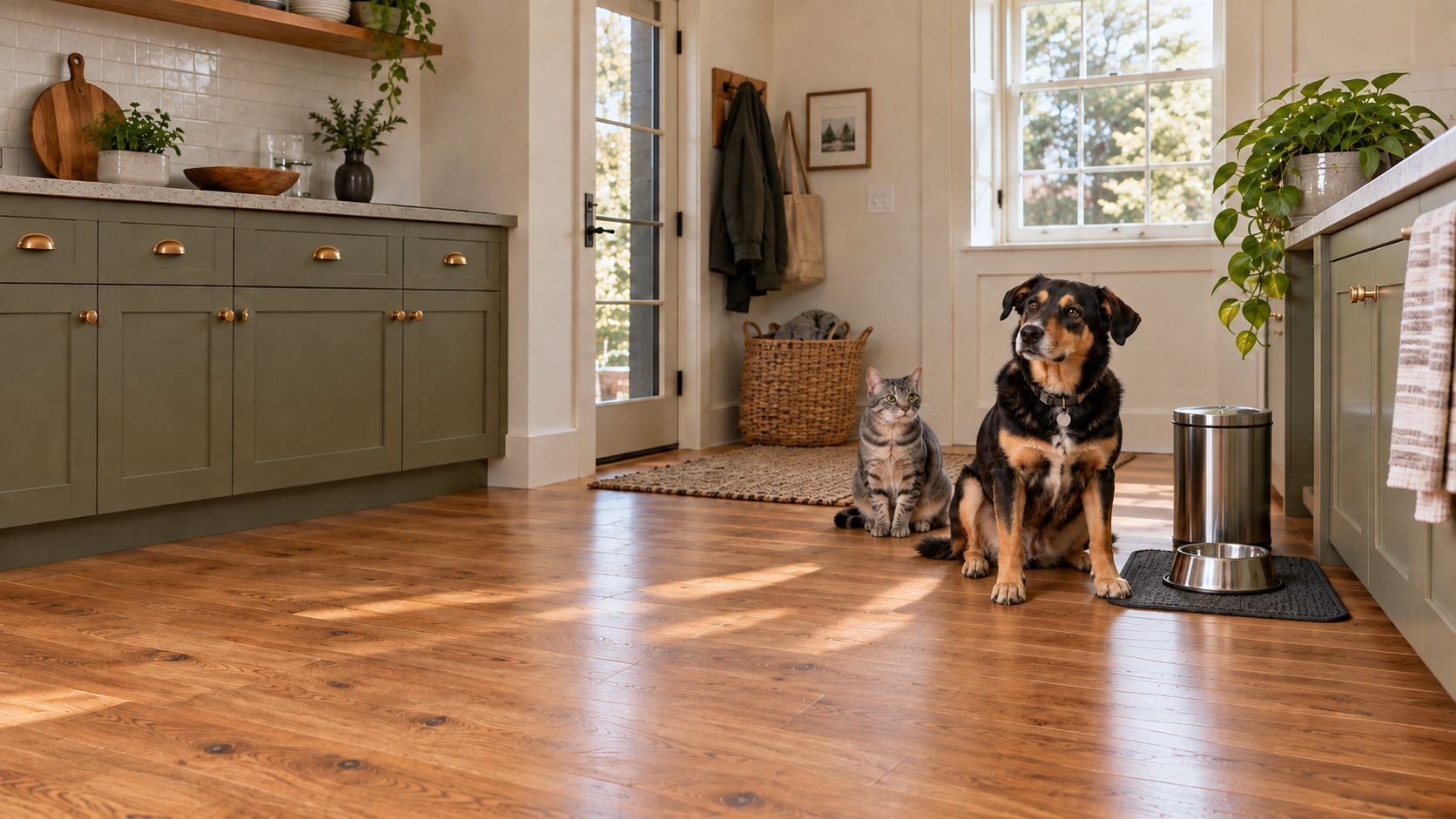 Dog and tabby cat sitting in a sunlit kitchen beside a metal pet bowl.
