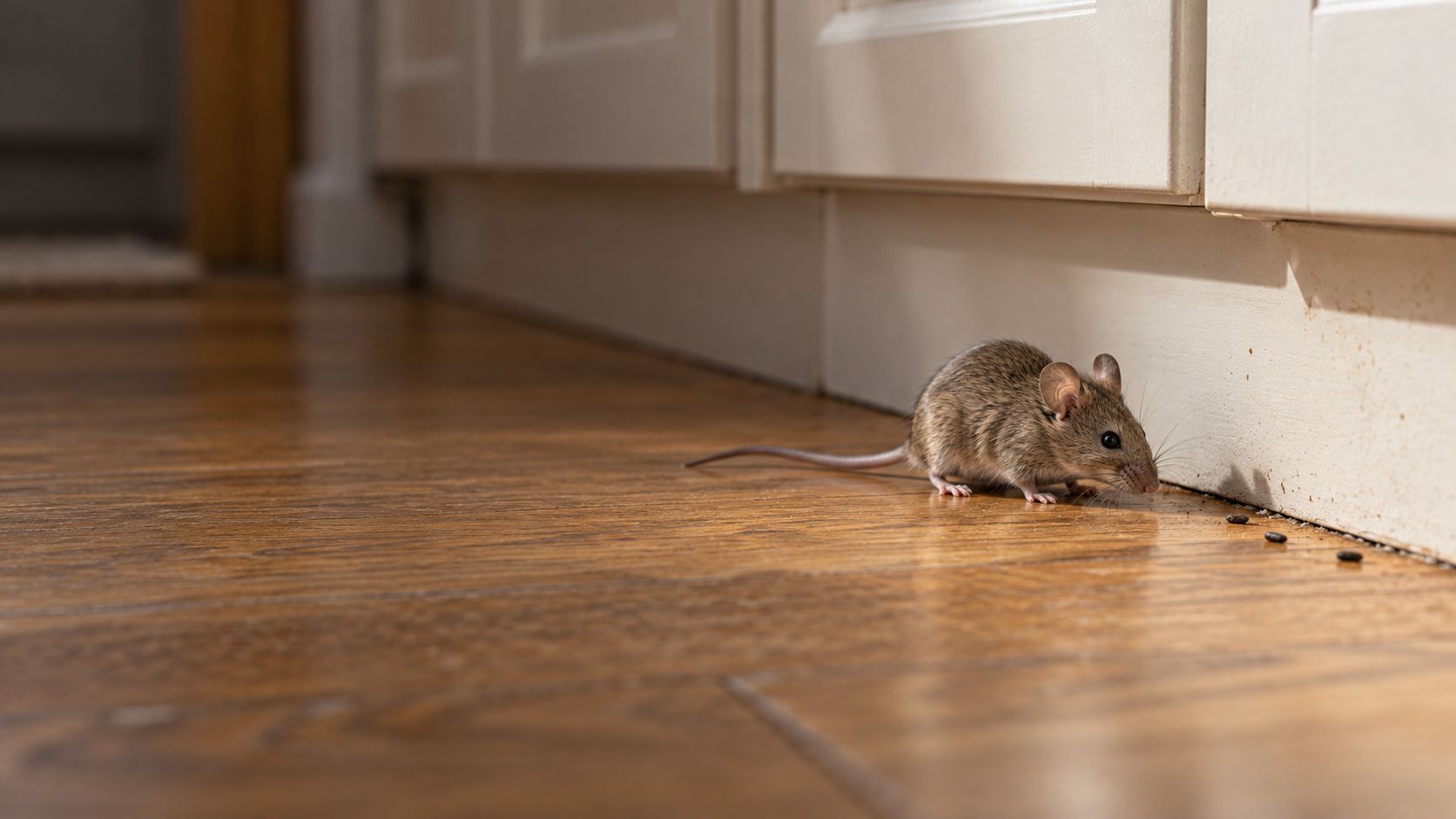 Small mouse on a wooden floor near a white wall in a kitchen.