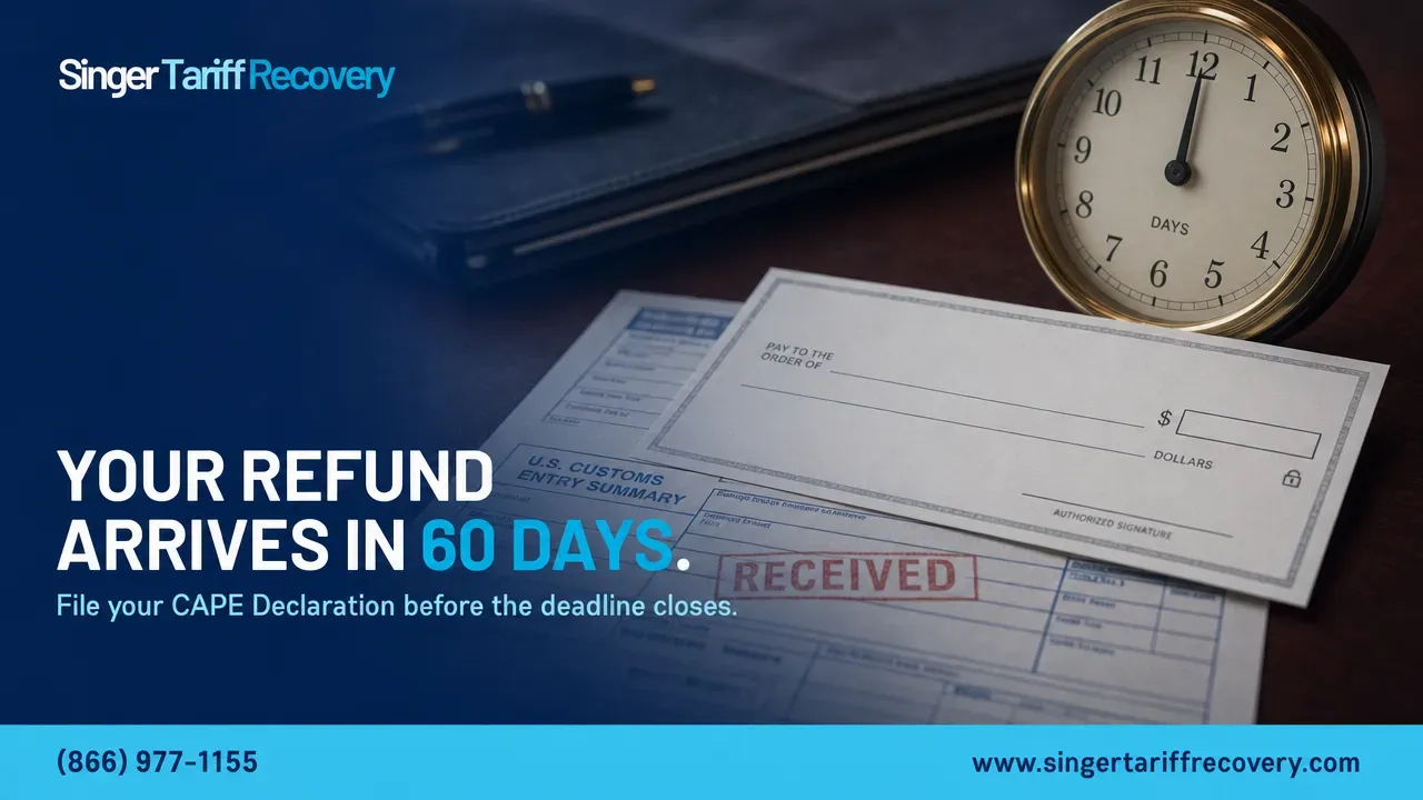 SingerTariffRecovery ad showing refund check, clock, and text: