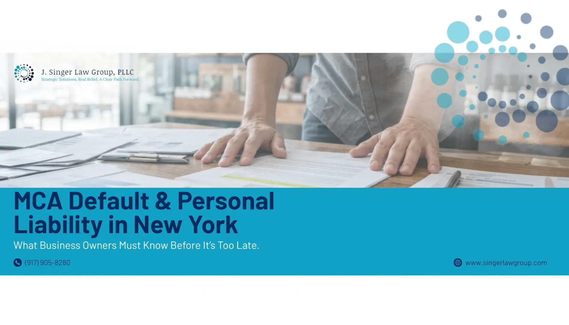 MCA Default and Personal Liability in New York title slide with blue banner and desk background