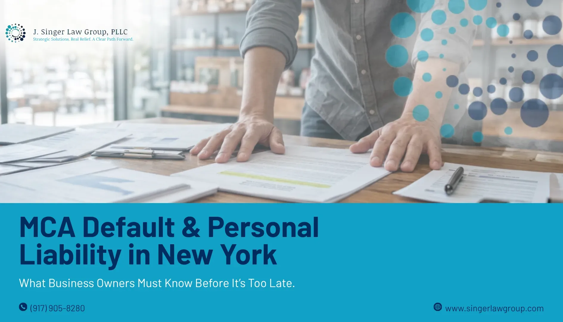MCA Default & Personal Liability in New York webinar title slide with hands over paperwork and blue accents