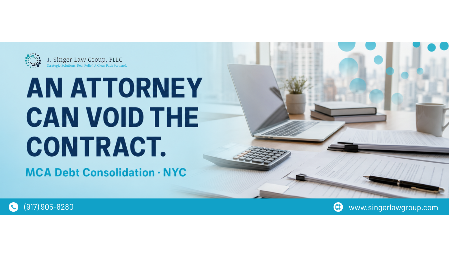 Attorney can void the contract; MCD Debt Consolidation – NYC banner with laptop and desk scene