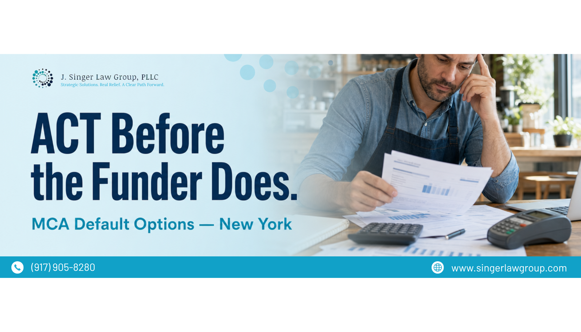 Man stressed at desk with bills and calculator beside bold text, “ACT Before the Funder Does.”
