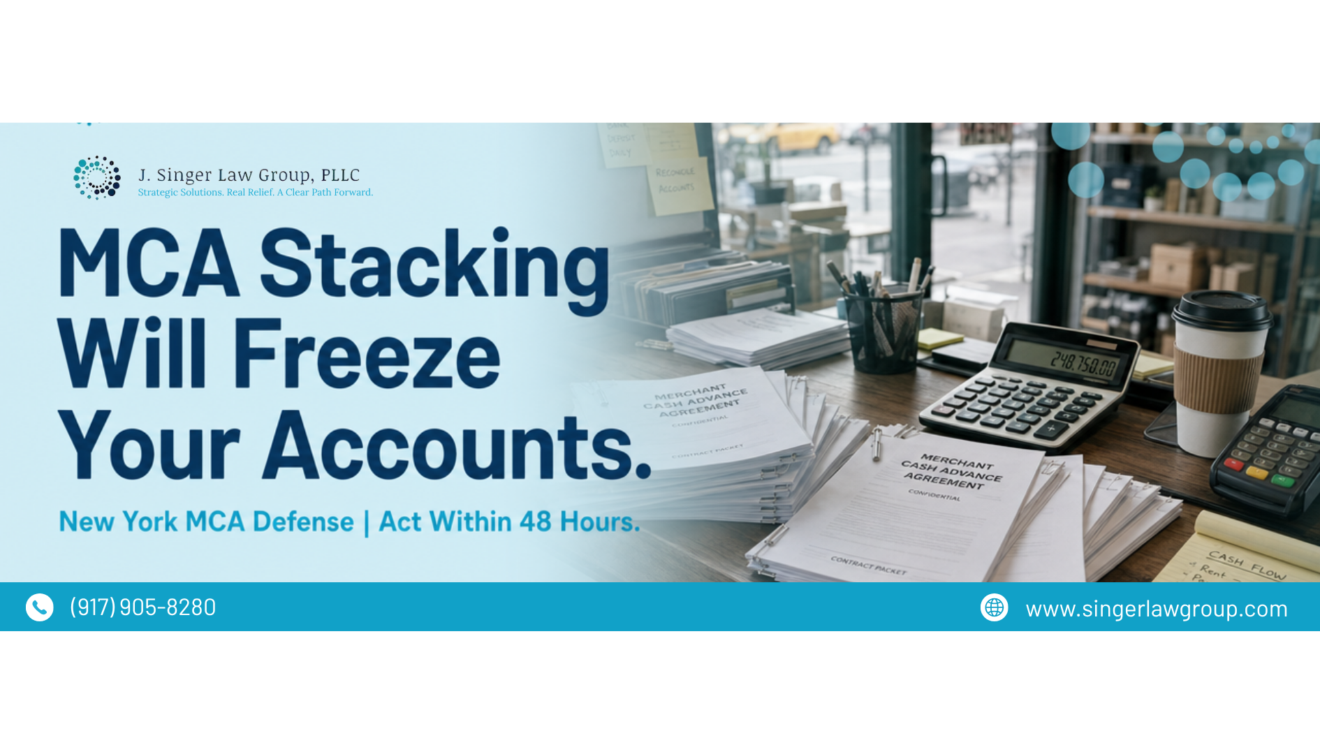 Banner about MCA stacking freezing accounts, with blue text and office desk background.