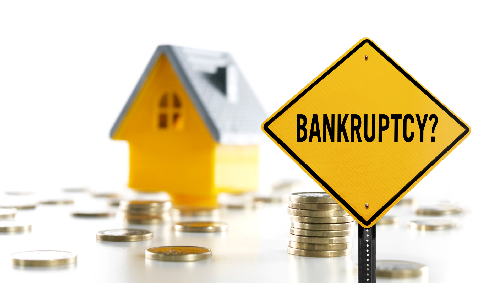 Yellow house and sign reading “BANKRUPTCY?” amid scattered coins