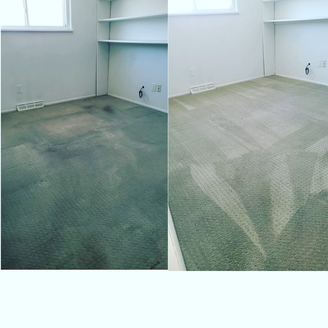 Empty carpeted room shown in two side-by-side views, one darker and one brighter.
