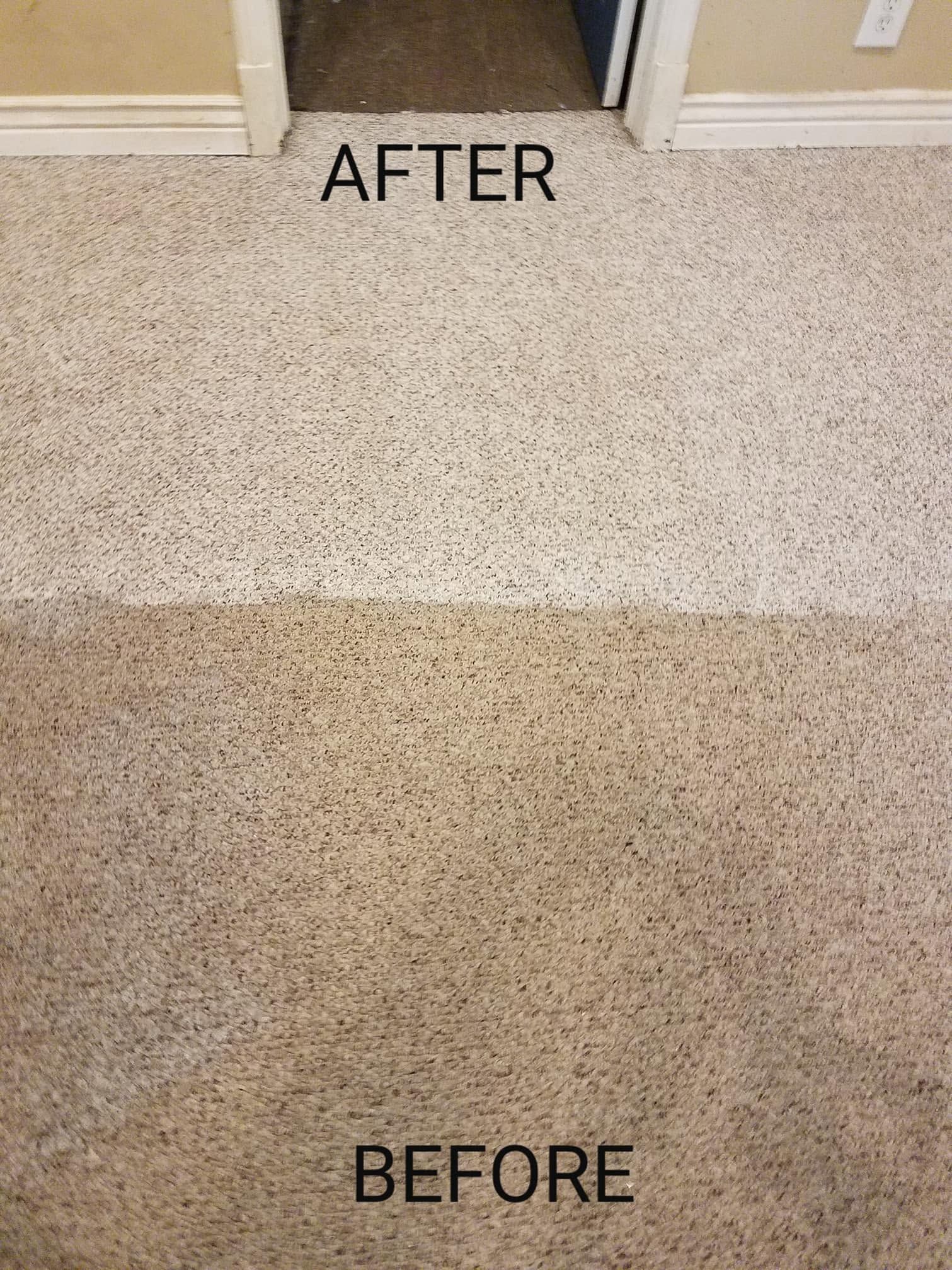 Carpet comparison labeled “AFTER” and “BEFORE,” showing a cleaned lighter section above a darker section.