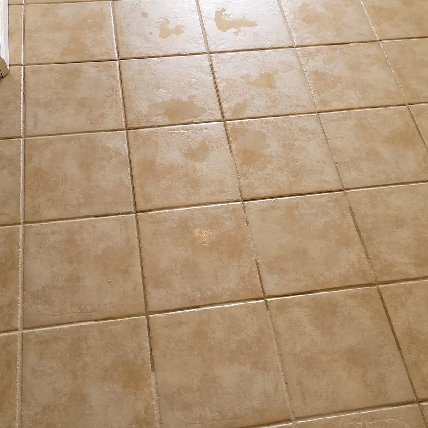 Close-up of beige tiled floor with light stains and grout lines