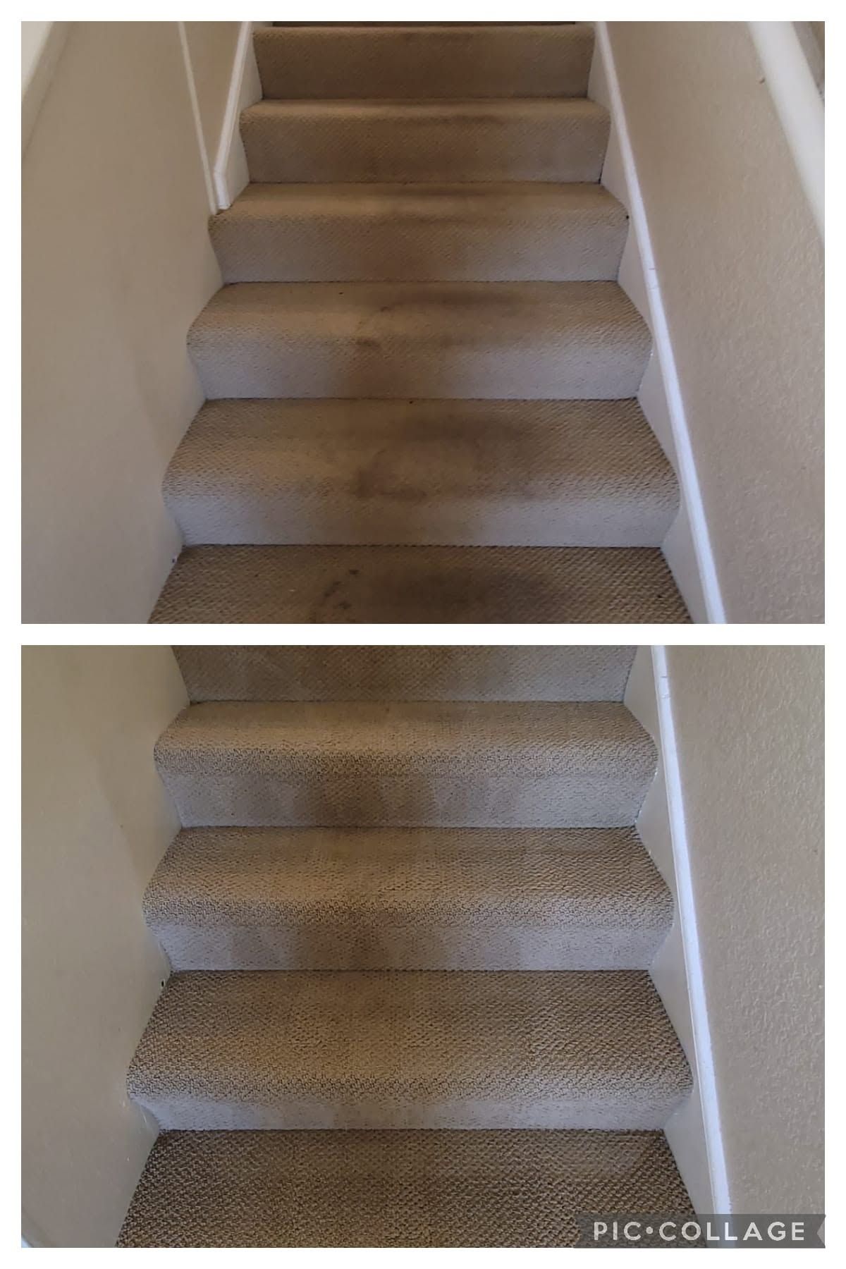 Two photos of a carpeted staircase with beige walls and a white handrail.