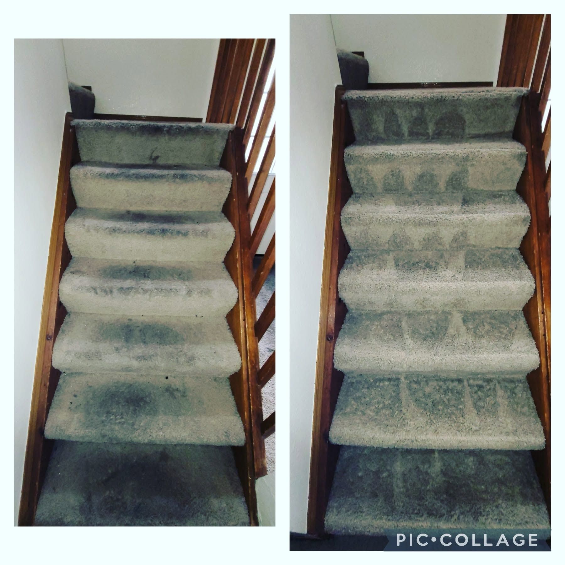 Carpeted staircase shown before and after cleaning, side-by-side comparison.