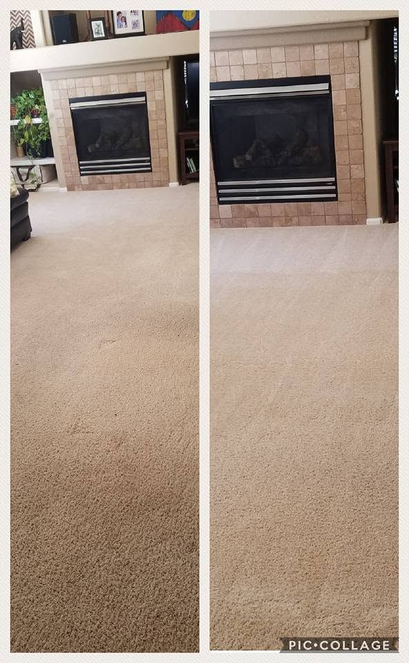 Side-by-side living room fireplace photos with beige carpet and tan brick surround