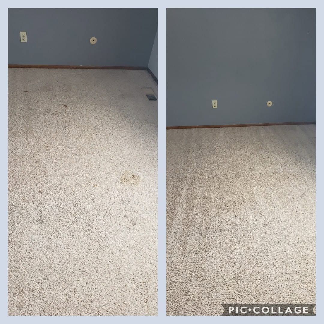 Two photos of an empty room with gray walls and light carpet, showing wall outlets and baseboards.