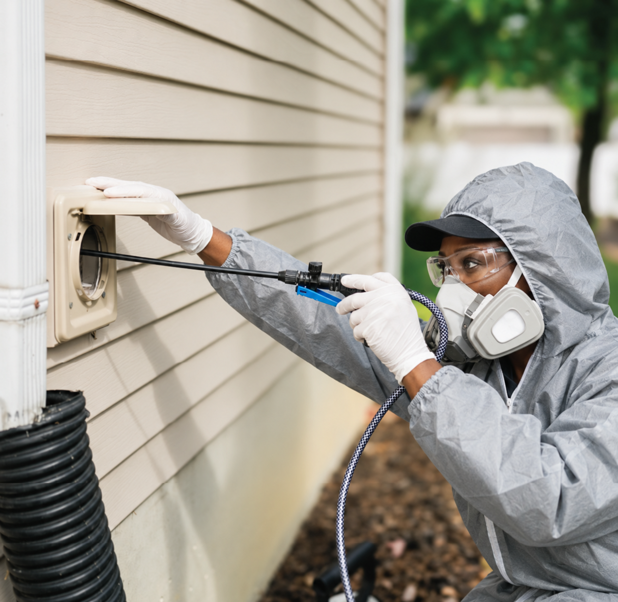 Technician in gray hazmat suit and respirator spraying pesticide on house siding with a wand