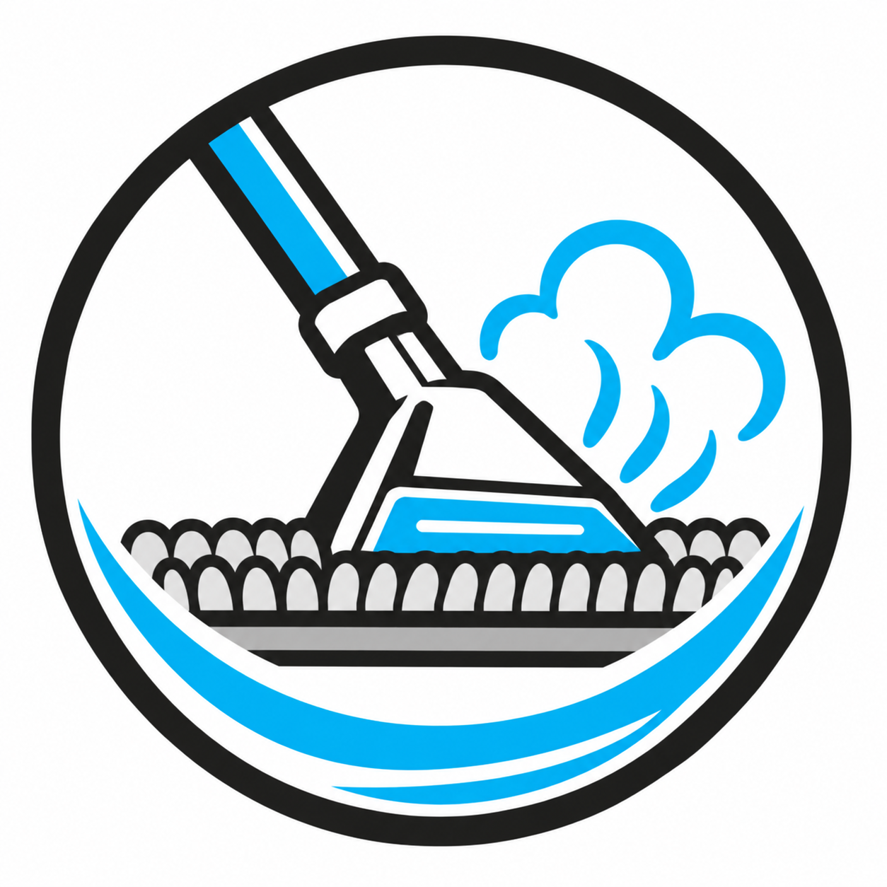 Blue-and-white cleaning logo with a mop scrubbing a surface and water spray.