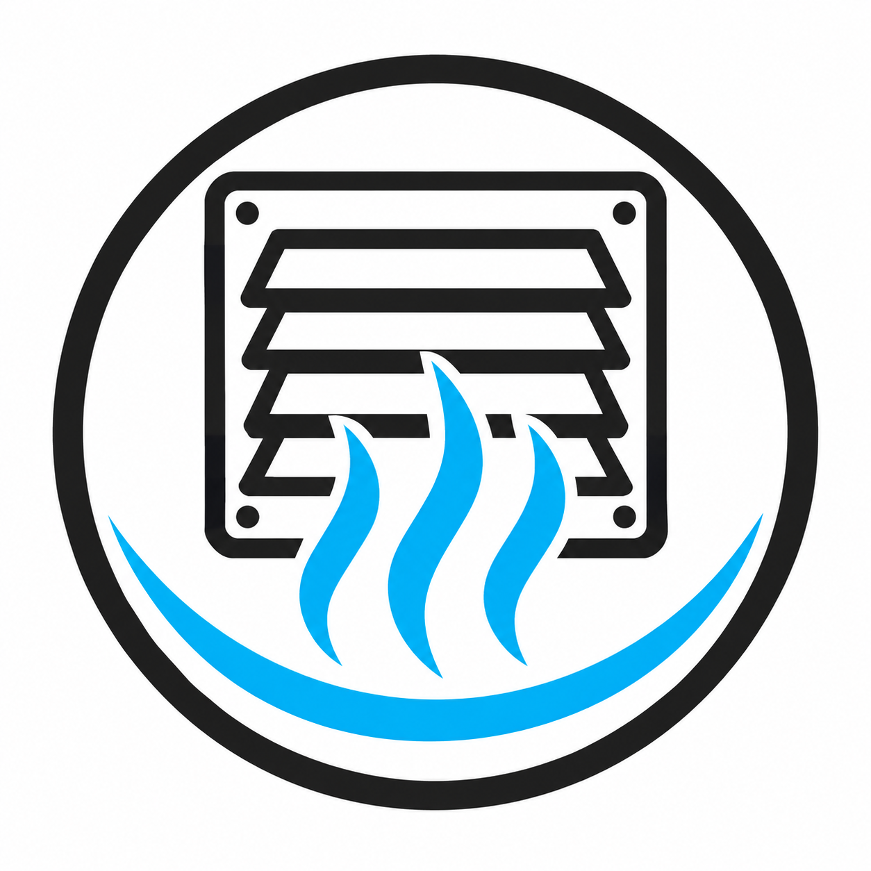 Black circular HVAC vent icon with blue airflow lines beneath a louvered grille