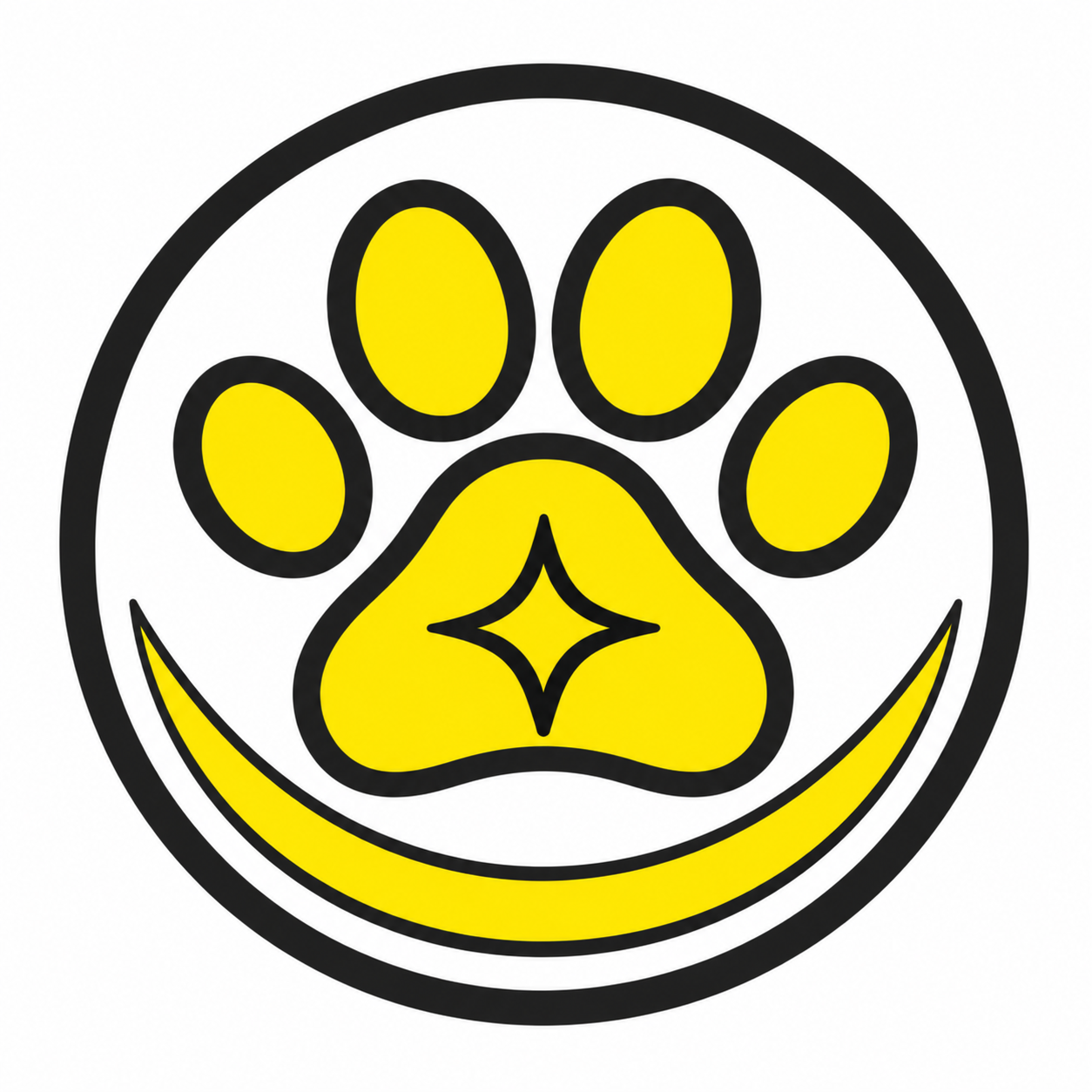 Yellow paw print inside a white circle with a black outline and a smiling arc below