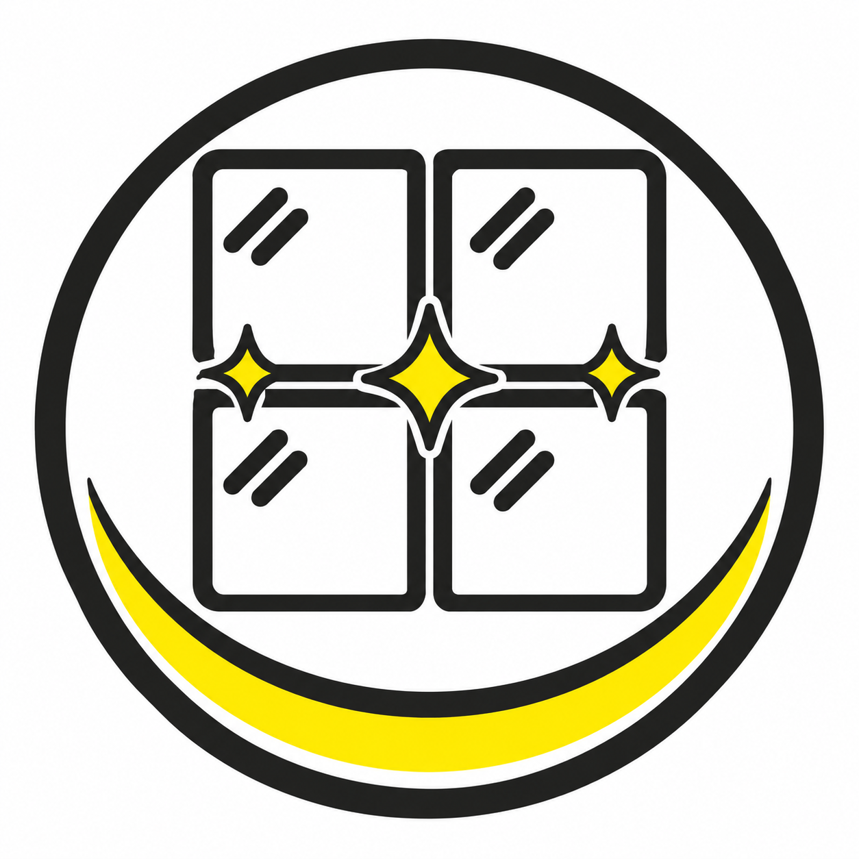 Black-and-white window icon with yellow sparkles and a curved yellow smile underneath