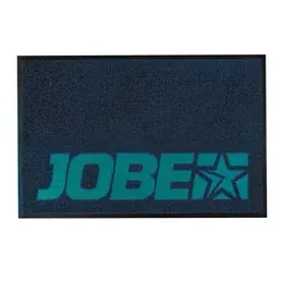 Een donkerblauwe rechthoekige vloermat met het turquoise logo en het woordmerk