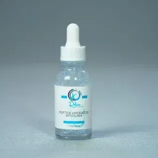 A clear glass bottle of Skin In Care Pro Peptide Hydrator with a white dropper and blue label.
