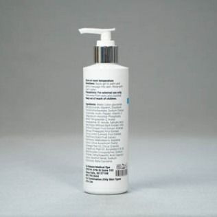 White lotion bottle with pump dispenser, ingredient list label.