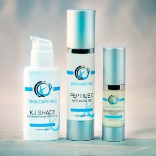 Three skincare product bottles on a white background: KJ Shade, Peptide C, and Restoration Eye Complex.