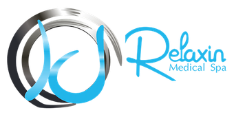 Logo for Relaxin Medical Spa. Features a blue cursive "Relaxin" text and a swirling silver and black graphic.