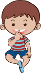 A cartoon boy is sitting down with his legs crossed and smiling.