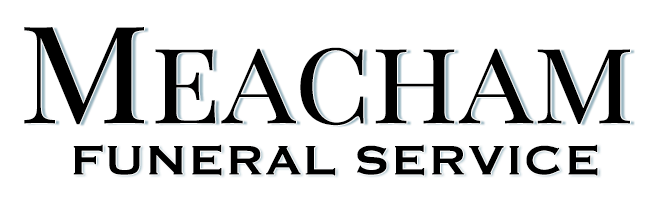 "Meacham Funeral Service" logo in black serif font.