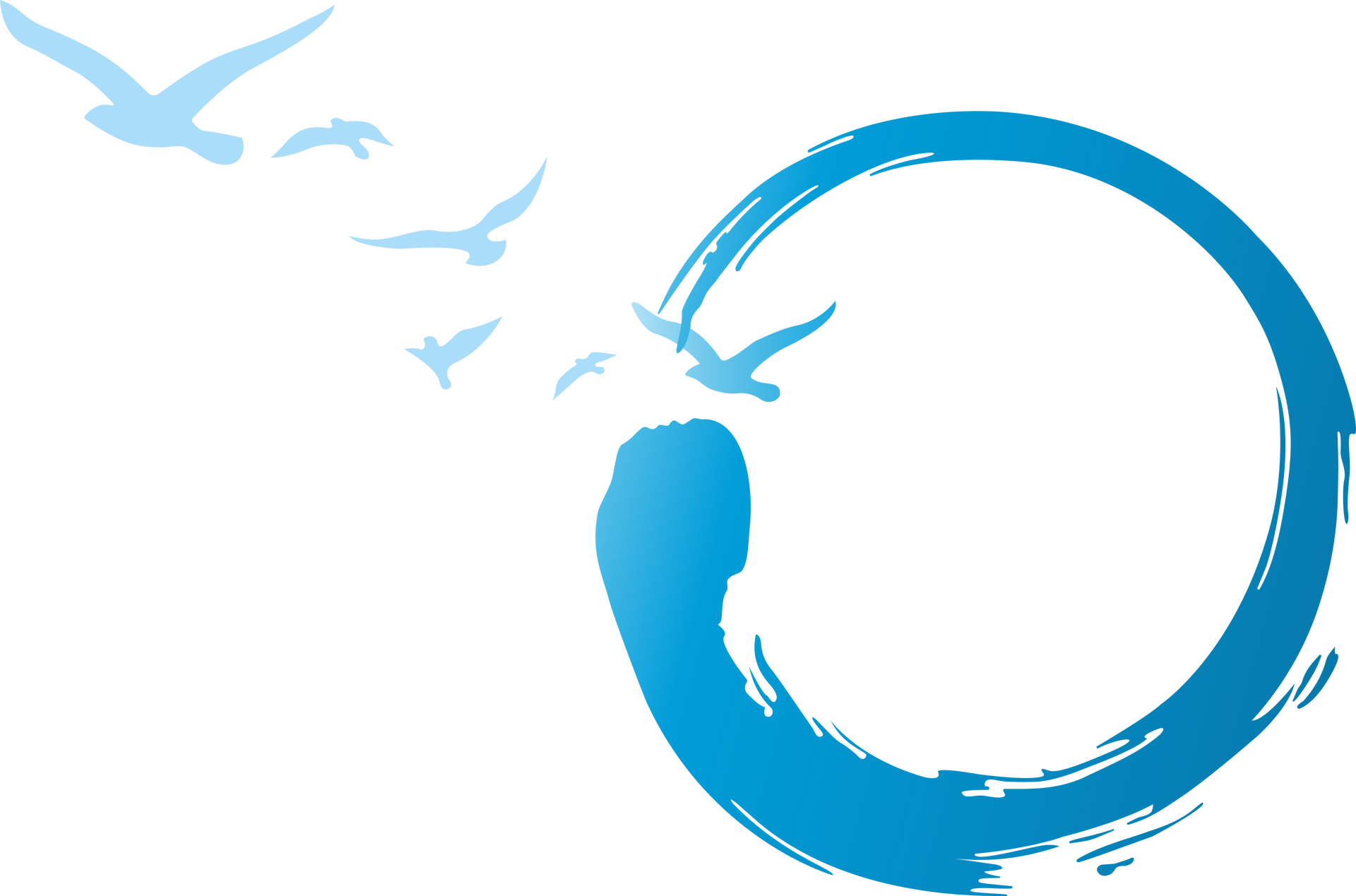 A blue circle with birds flying around it on a white background