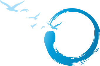 A blue circle with birds flying around it on a white background