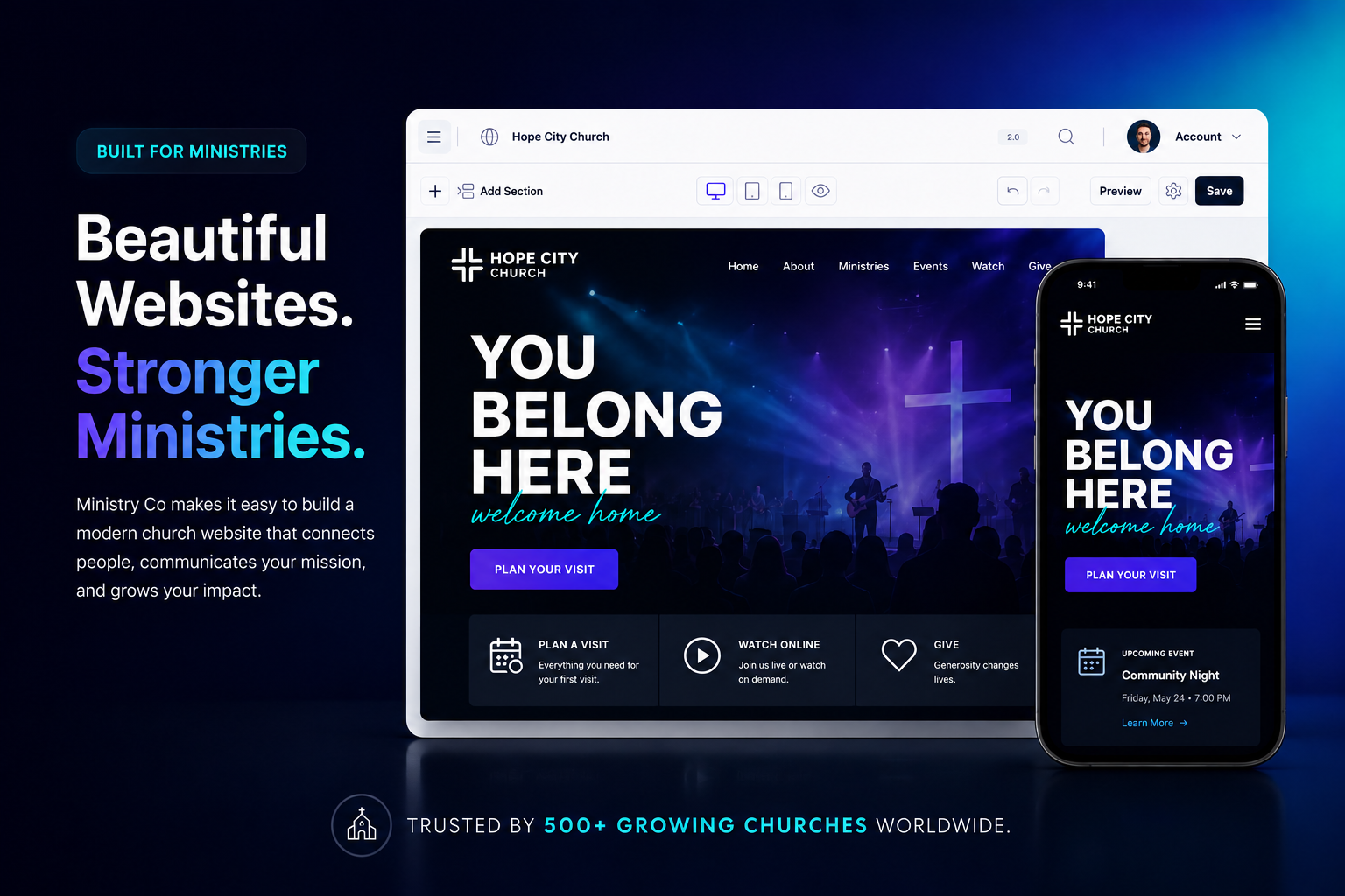 Promotional website mockup on desktop and mobile with “YOU BELONG HERE” on a dark blue and purple church-themed design