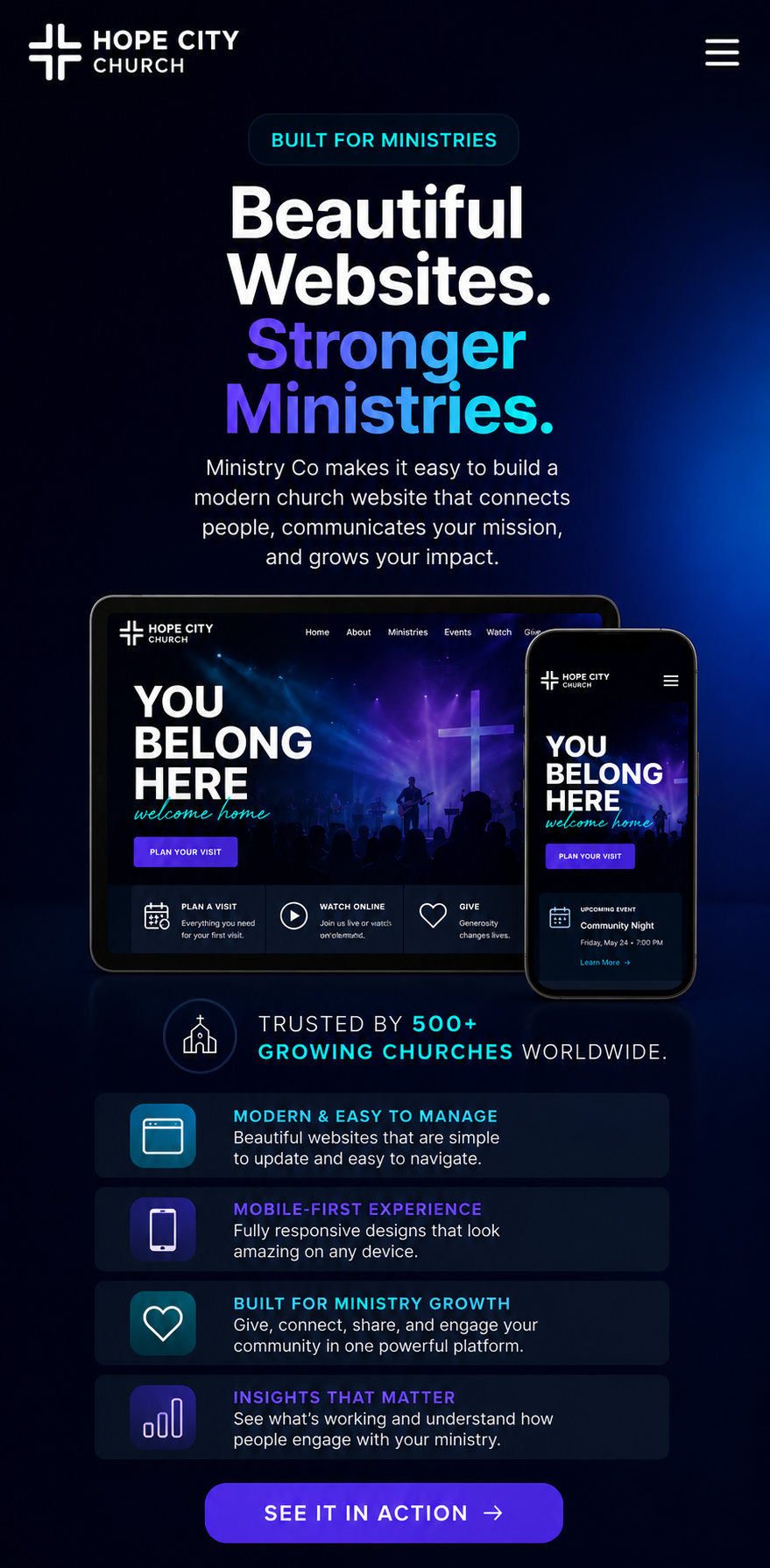 Dark website homepage for Hope City, with purple accents and a phone mockup reading “You belong here.”