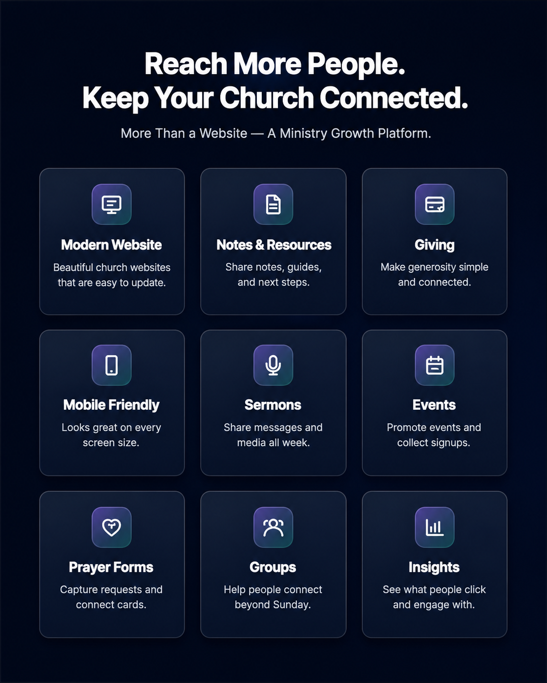 Dark church app promo with headline “Reach More People. Keep Your Church Connected.” and feature icons