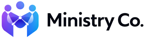 Ministry Co. logo with purple-blue abstract people icon and black text on white background