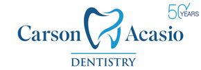 Carson Acasio Dentistry logo with blue tooth icon and “50 years” text