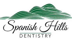 Spanish Hills Dentistry logo with green hills and elegant black text