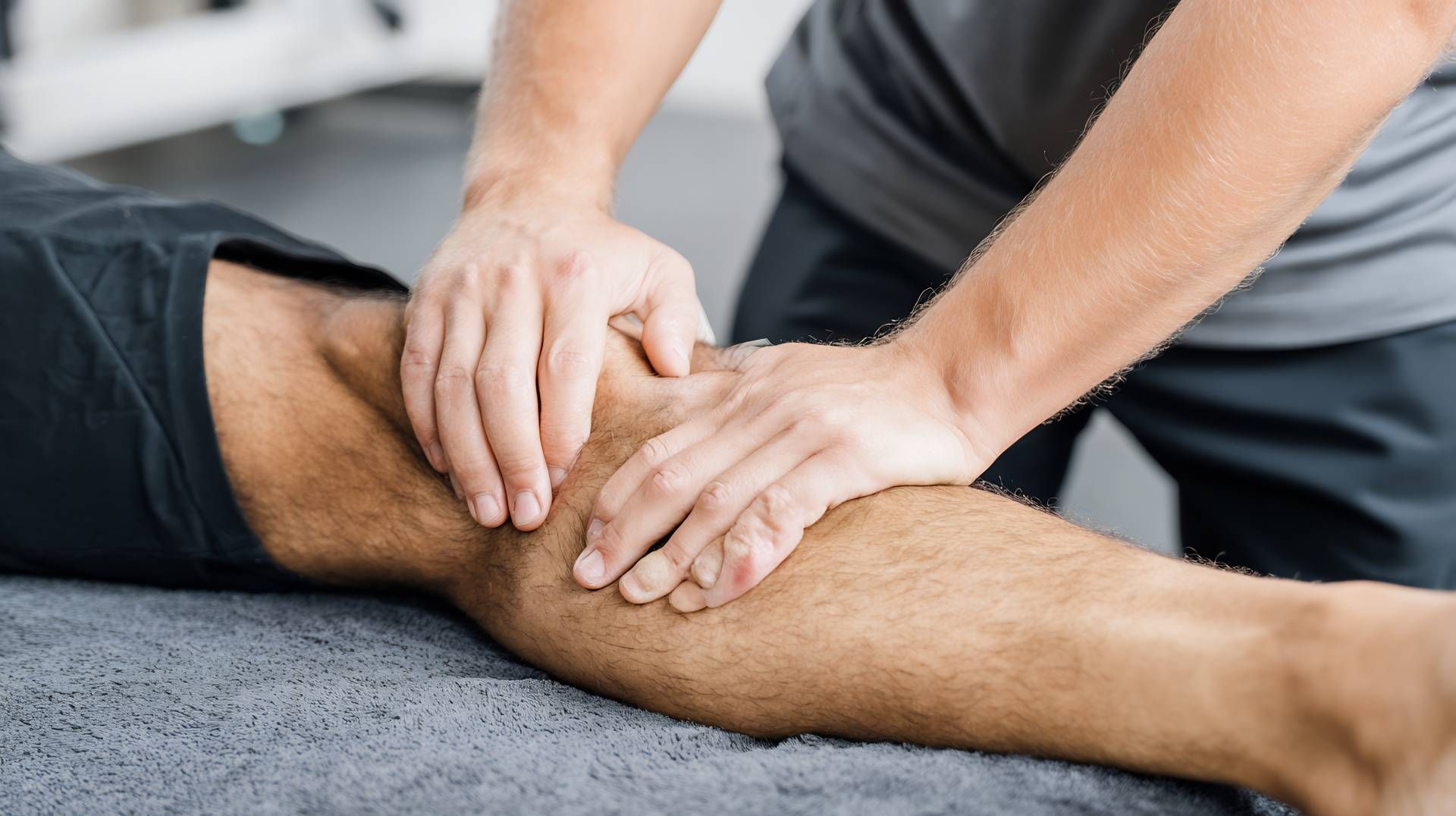 Hands giving a leg massage on a person lying on a treatment table
