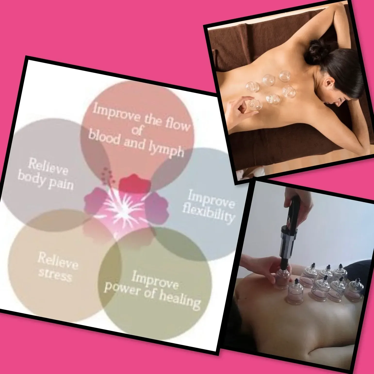 Massage therapy collage with cupping, back massage, and benefits text on improving flow, flexibility, pain, and stress