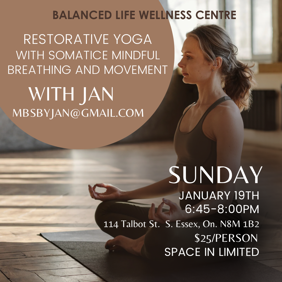 Restorative yoga class promo with woman in profile on mat, showing Sunday Jan. 19, 6:45–8:00 PM, $25/person.