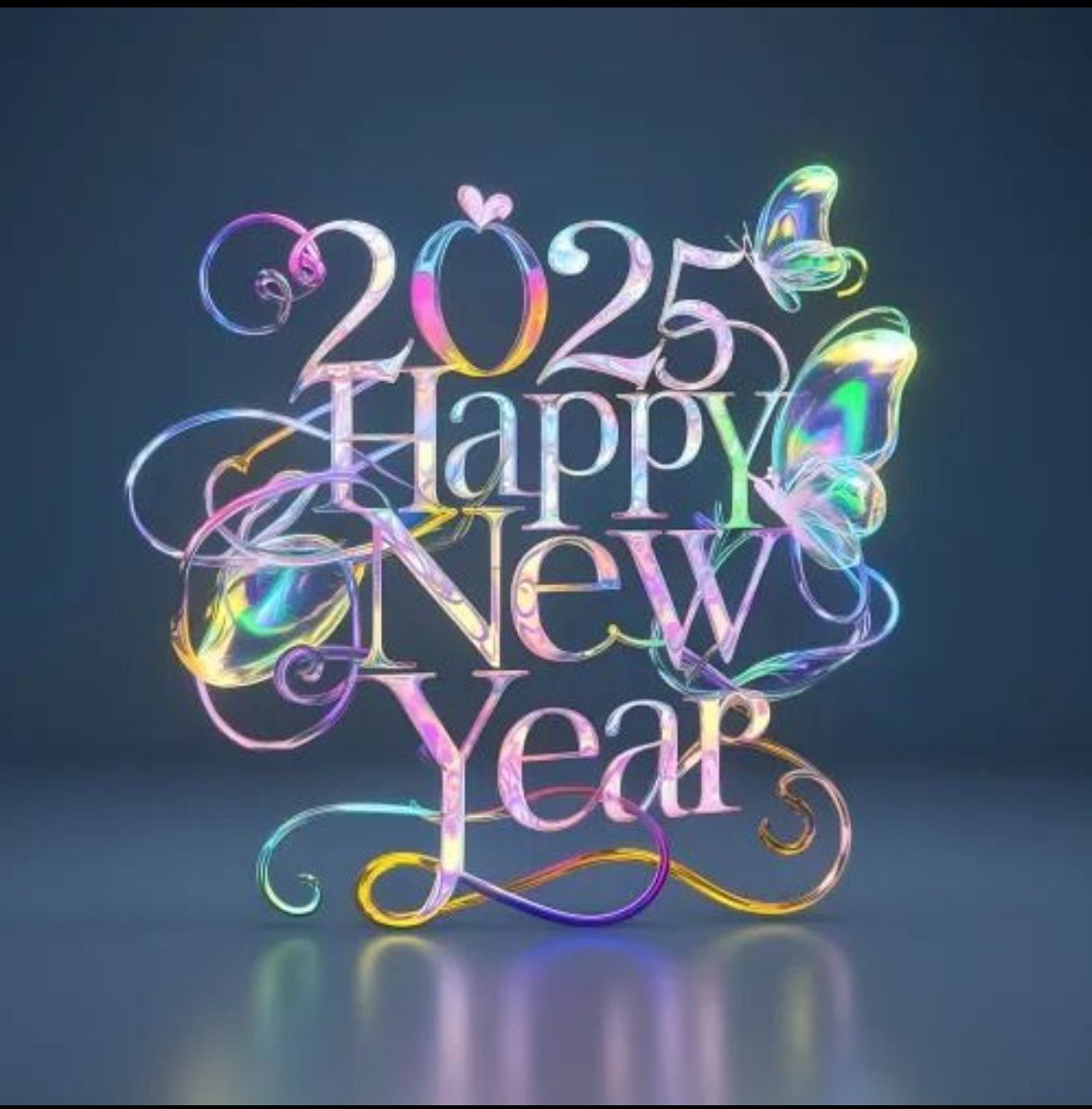 Colorful 2025 Happy New Year text with iridescent swirls on a dark blue background