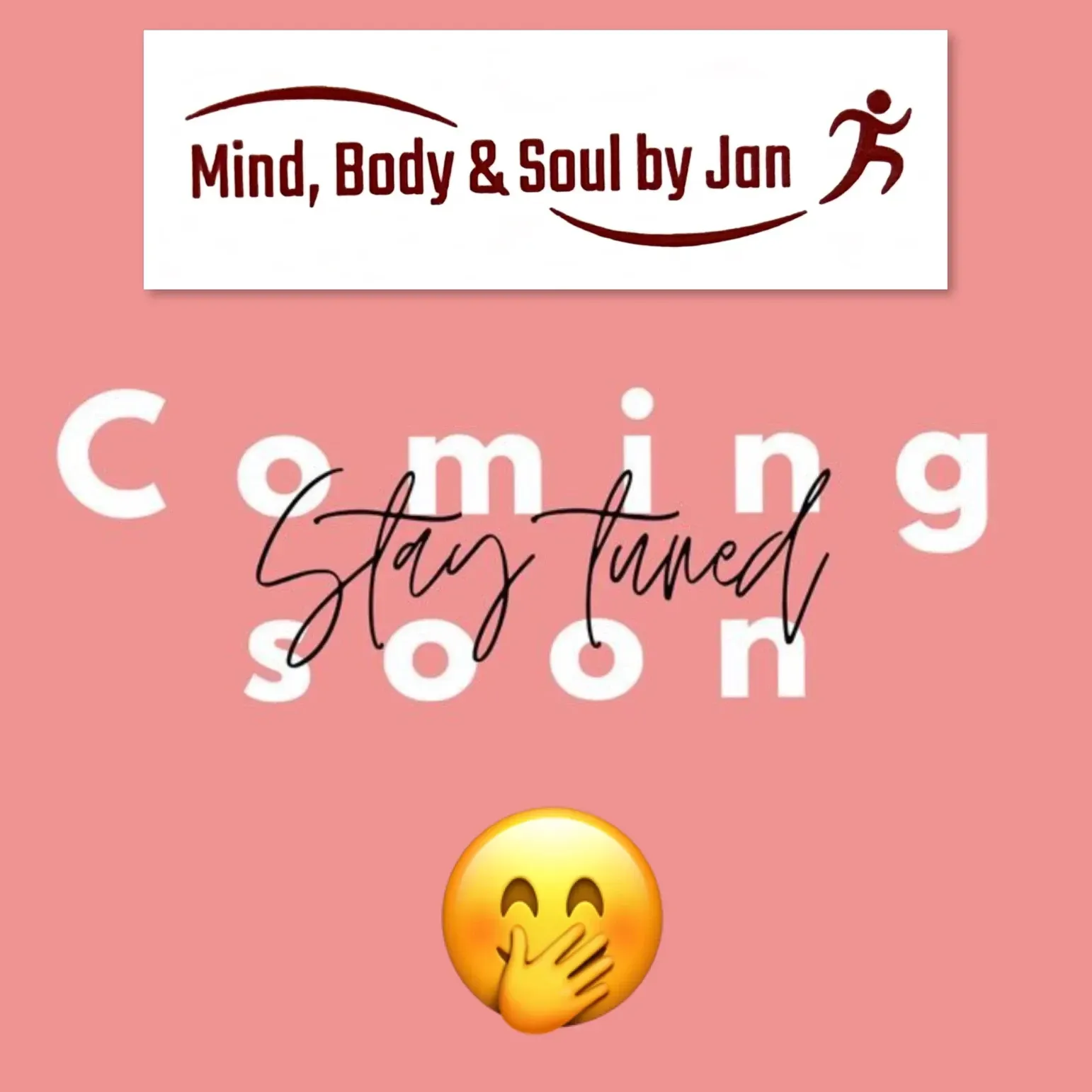 Pink “Coming Soon” announcement for Mind, Body & Soul by Jon, with “Stay tuned” text and a smiling emoji.