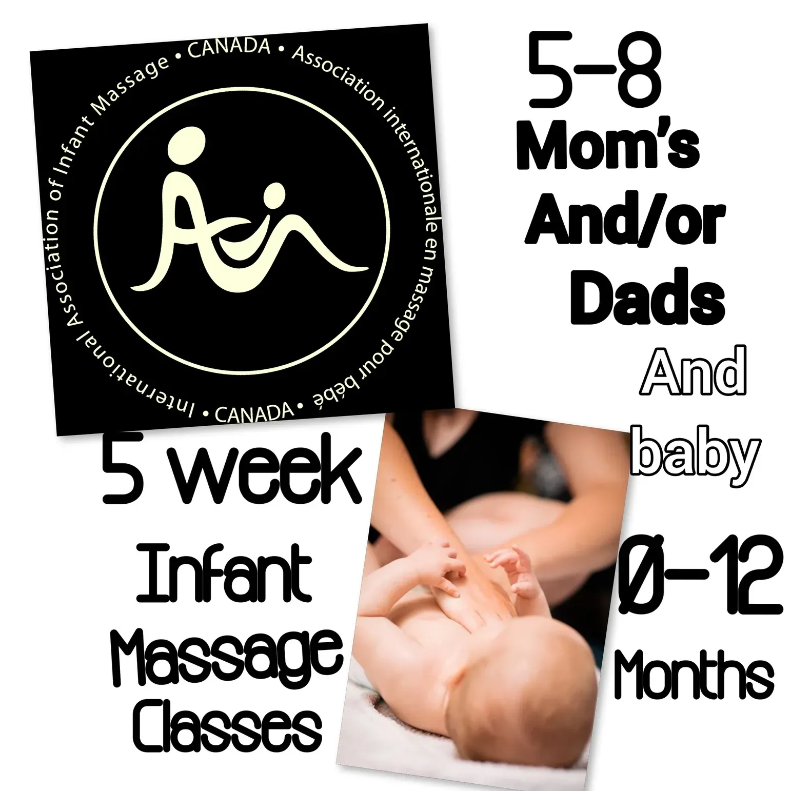 Massage class promo with parent and baby photos, listing 0–12 months and 5-week infant classes
