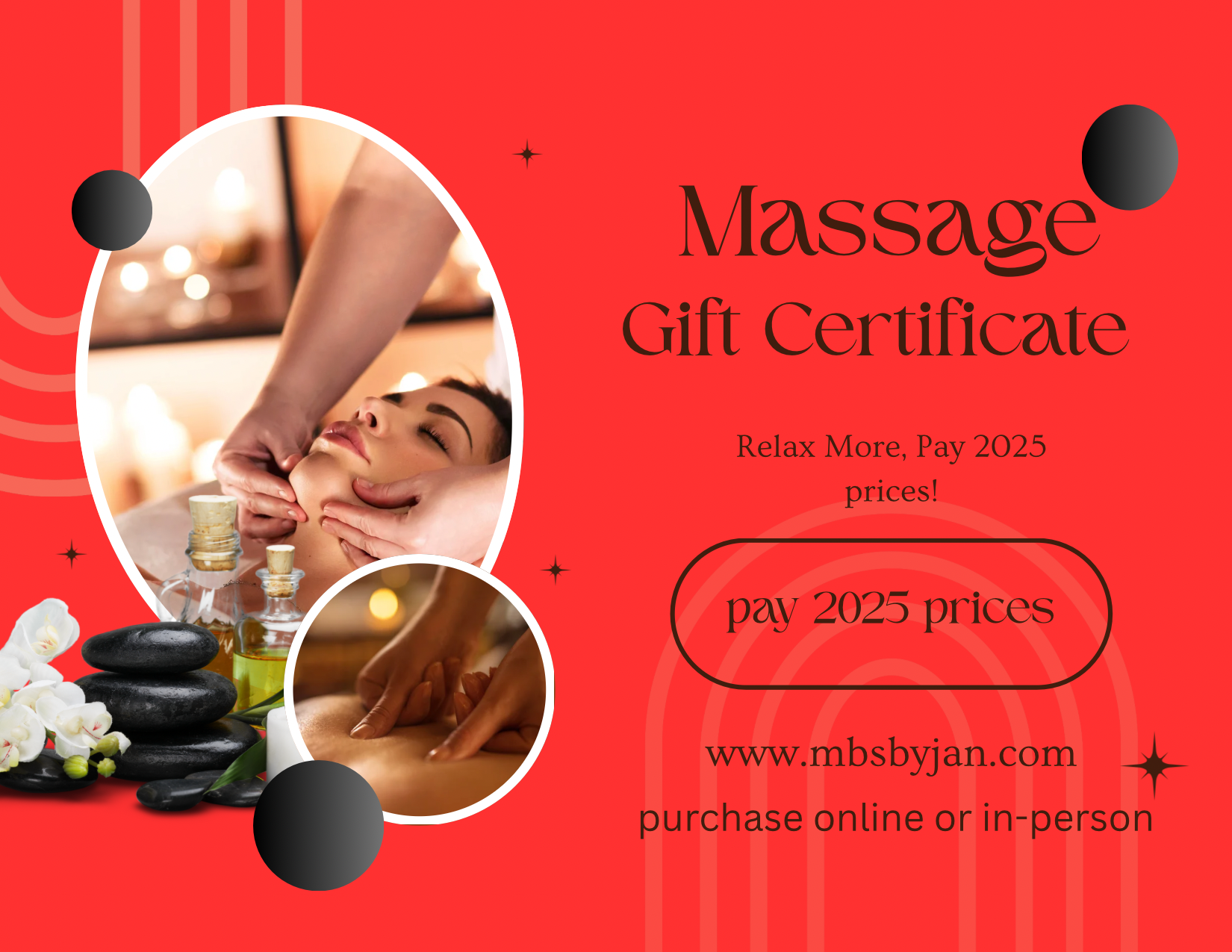 Red massage gift certificate with spa images and text for $25 2025 special offer