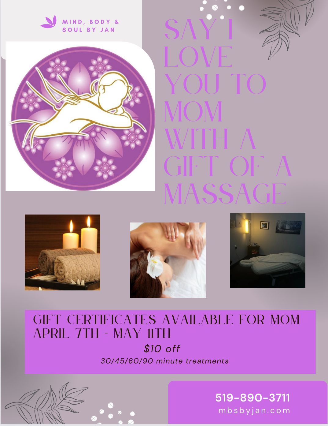 Pastel lavender spa flyer advertising massage gift certificates, candles, and contact details