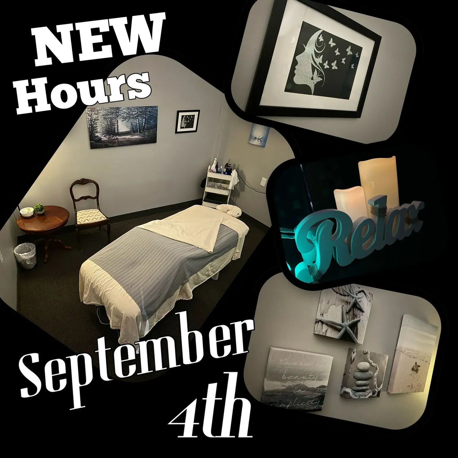 Promo graphic announcing new hours for a bedroom-themed room, with “September 4th” text.