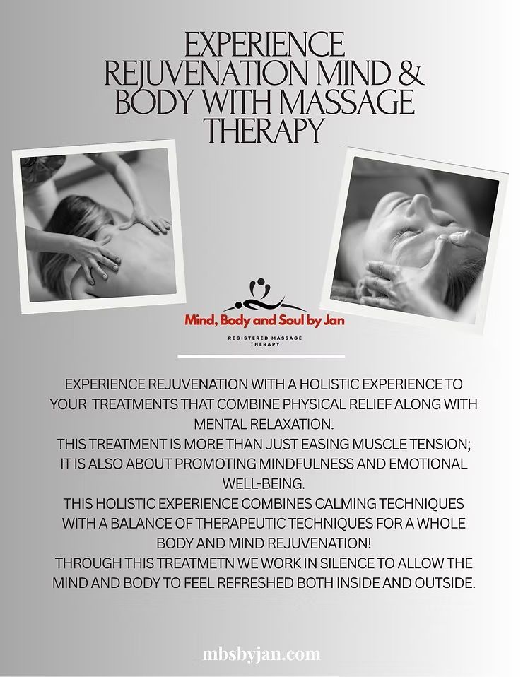 Massage therapy promo poster with black-and-white photos, bold serif headline, and red accent text on a light background