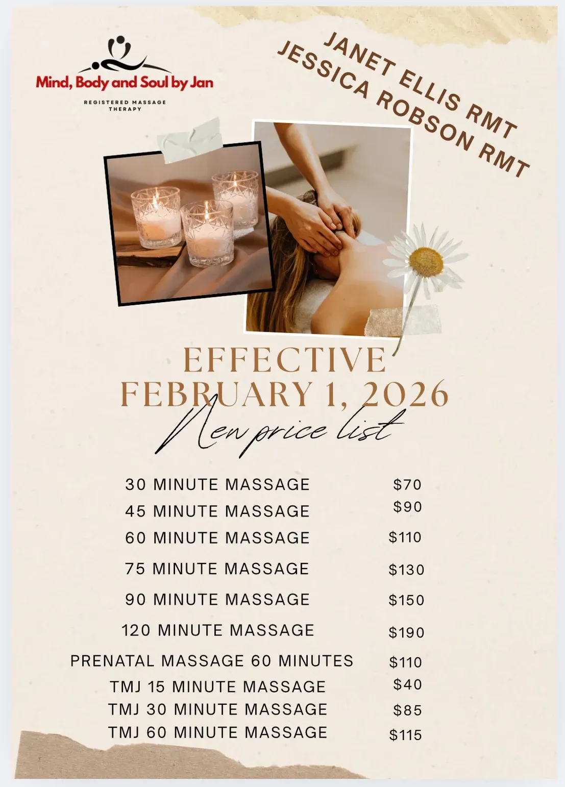 Spa flyer with candles and massage menu listing February 1, 2026, at Lopezs Suites.