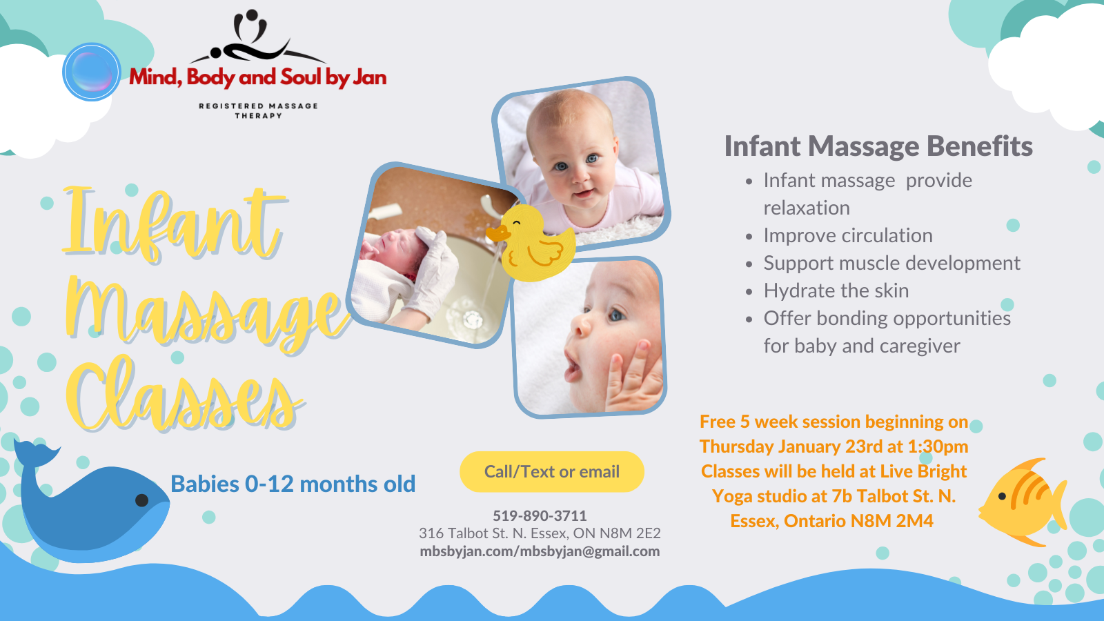 Infant massage class flyer with baby photos, blue cloud background, and benefits listed for parents