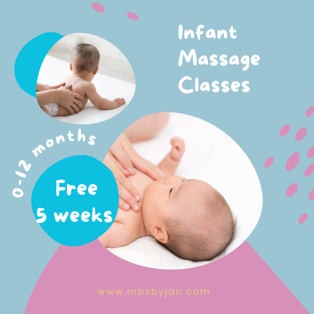 Infant massage classes ad with baby photos, blue and pink design, and “Free 5 weeks” text